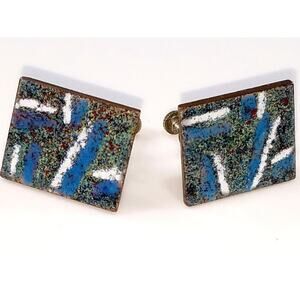Vintage Enamel on Copper Earrings 1940s Blue White Abstract Screw Back